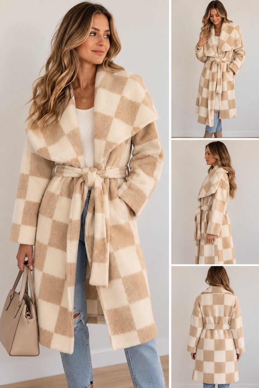 Georgie Women’s Cream/Camel Check Wrap Coat die small - NEW